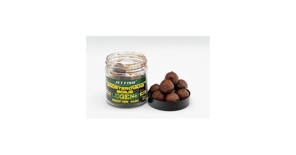 Značkový Jet Fish Boosterované boilies Legend Range Kořeněný tuňák Broskev 250ml 24mm
